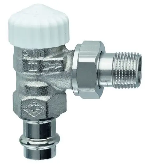 Thermostatventilunterteil mit Eckform und Viegamuffe. Das Produkt ist aus Metall und hat eine weiße obere Kappe. Hergestellt von IMI Hydronic Engineering.